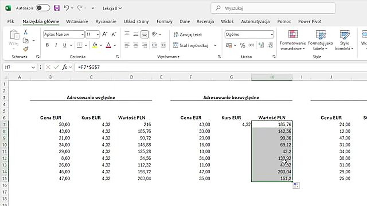 Adresowanie bezwzględne w Excelu - dolarki blokują komórkę
