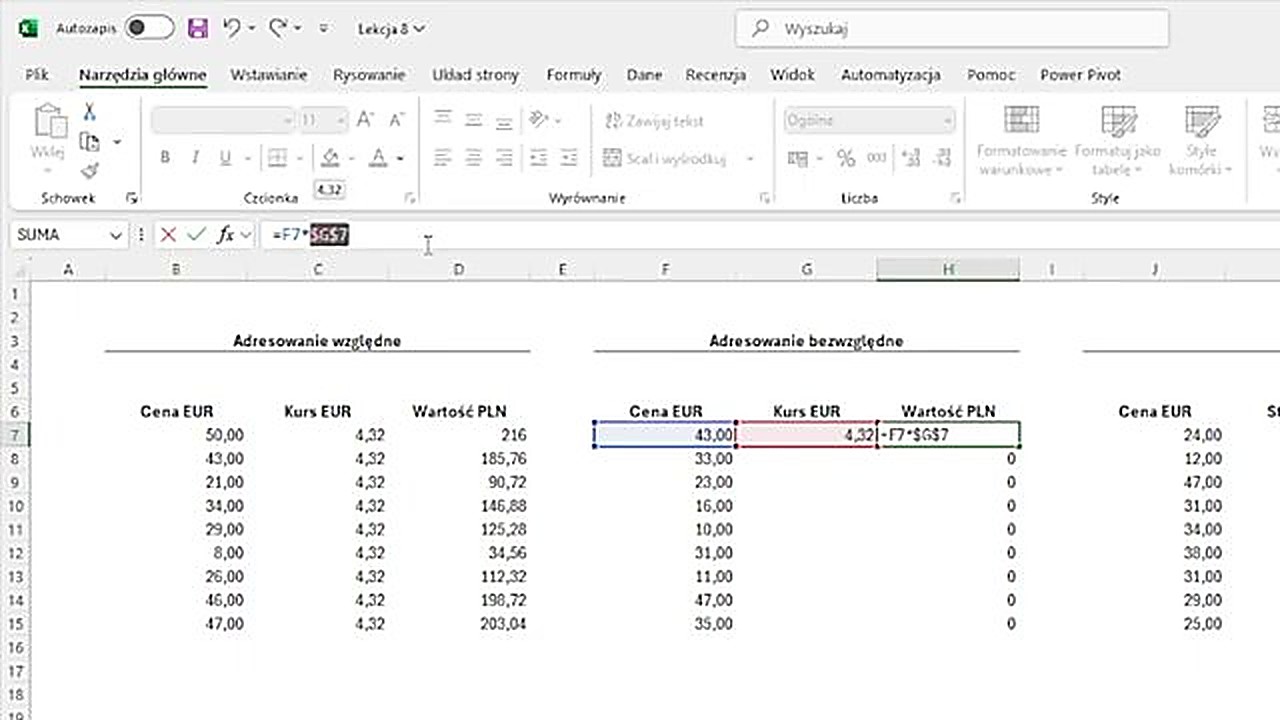 Skrót F4 do blokowania komórek w Excelu