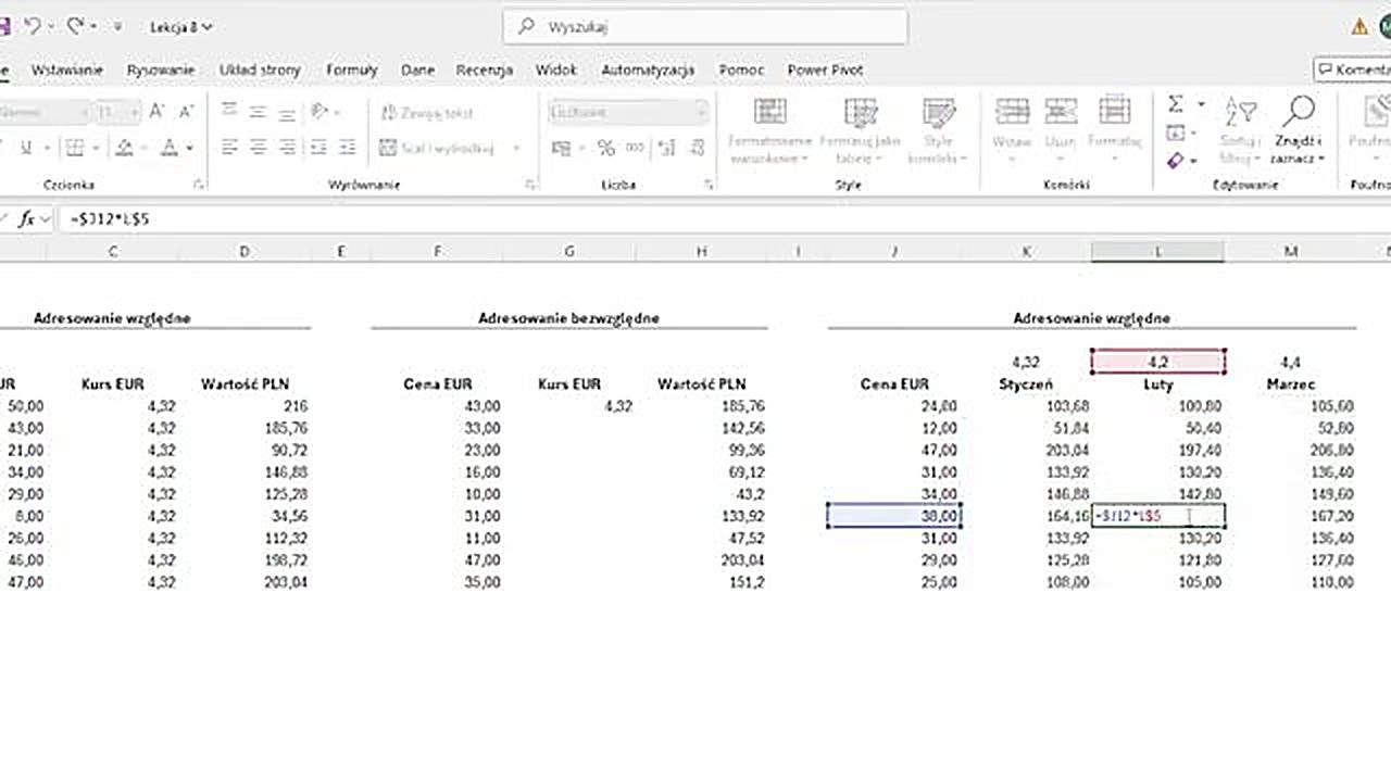 Adresowanie mieszane w Excelu - blokada kolumny lub wiersza