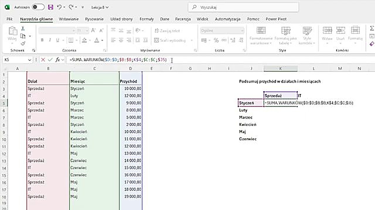 SUMA.WARUNKÓW z adresowaniem mieszanym w Excelu