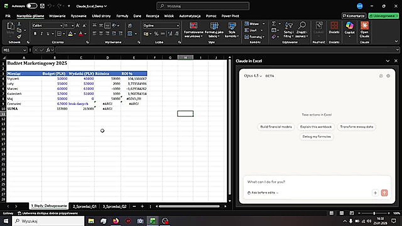 Claude AI w Excelu - panel czatu obok arkusza z danymi budżetowymi