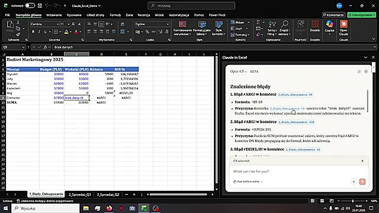 Claude AI znalazł błędy w arkuszu Excel - lista Znalezione błędy z formułami i przyczynami