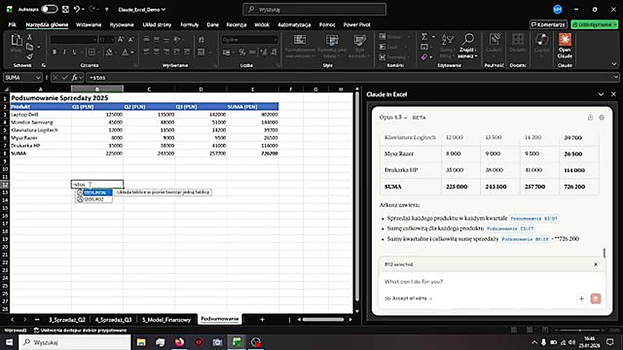 Claude AI połączył 3 arkusze w tabelę Podsumowanie Sprzedaży 2025 - suma 726 200 zł