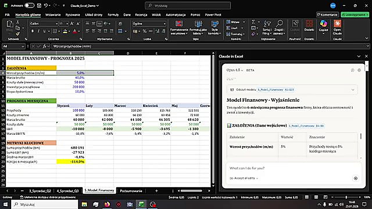 Claude AI wyjaśnia model finansowy - założenia, prognoza miesięczna, metryki kluczowe, EBIT, ROI