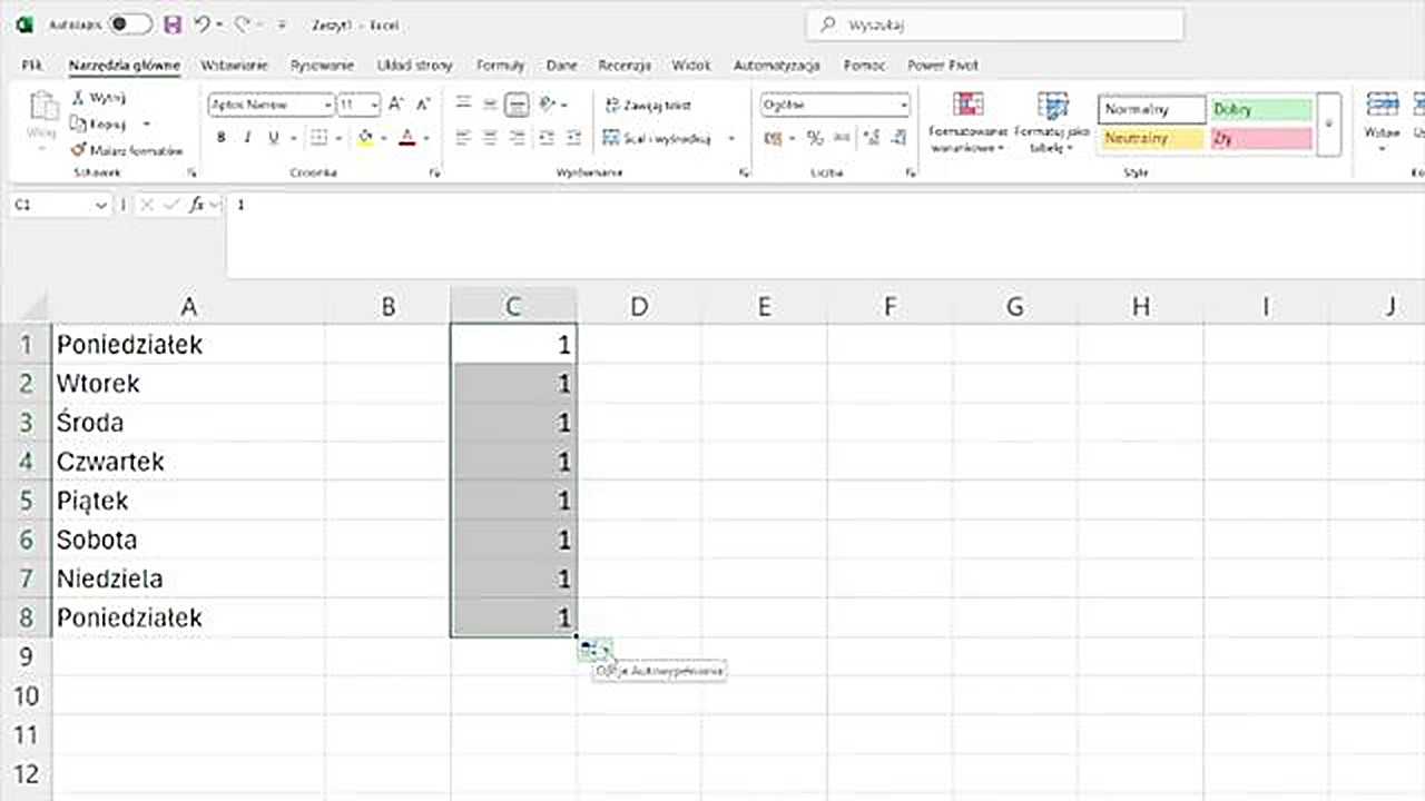 Autowypełnianie liczb w Excelu - seria 1-8 i opcje autowypełniania
