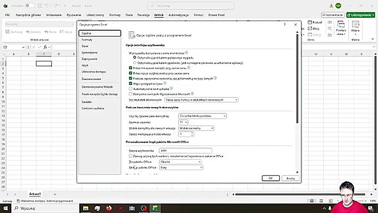 Zmiana motywu pakietu Office na czarny w opcjach Excela