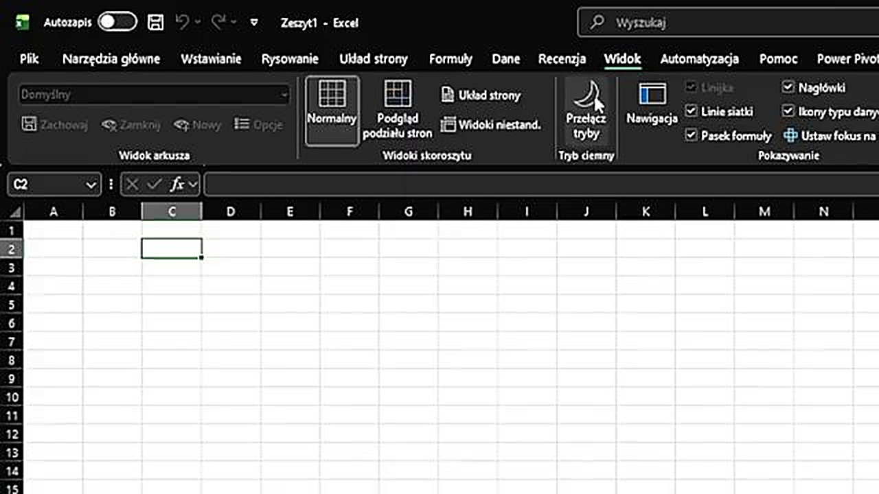 Przełączanie trybu ciemnego w karcie Widok w Excelu