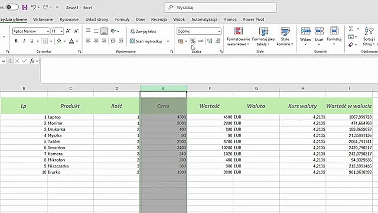Formatowanie liczb w Excelu - format walutowy PLN i EUR, format liczbowy