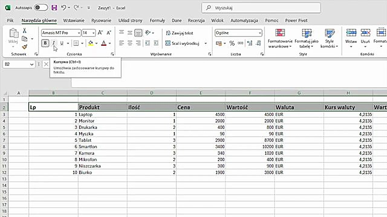 Wyrównanie tekstu w Excelu - nagłówki wyśrodkowane, formatowanie liczb walutowych