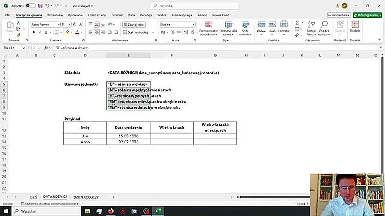 Składnia i jednostki funkcji DATA.RÓŻNICA w Excelu