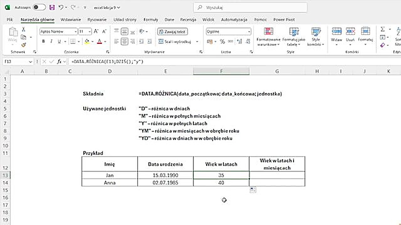 Obliczanie wieku w Excelu za pomocą DATA.RÓŻNICA i DZIŚ