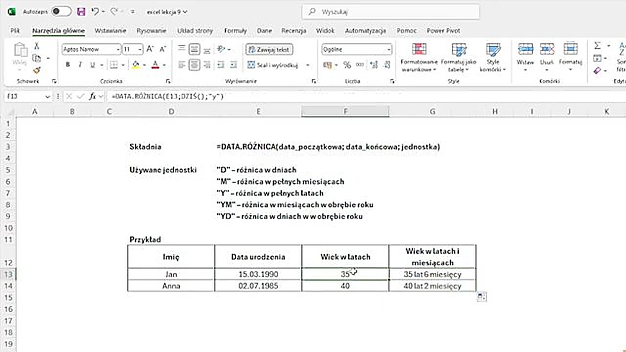 Łączenie DATA.RÓŻNICA z operatorem & w Excelu