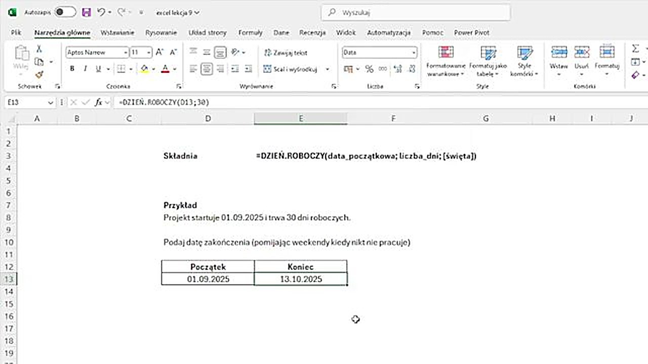 Funkcja DZIEŃ.ROBOCZY w Excelu - obliczanie daty końca projektu