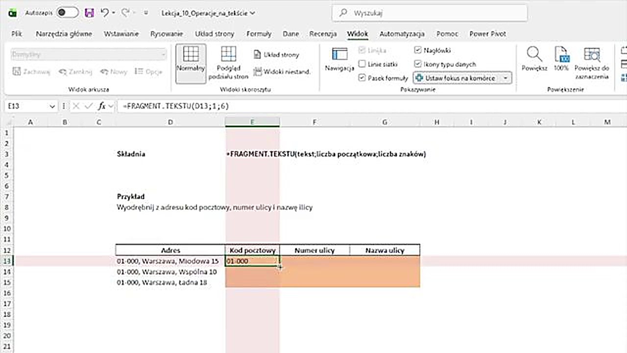 Funkcja FRAGMENT.TEKSTU w Excelu