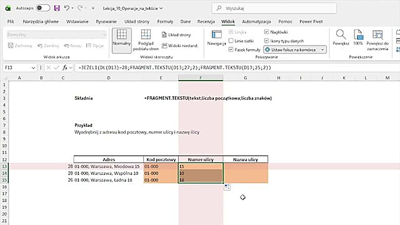 Połączenie JEŻELI z FRAGMENT.TEKSTU w Excelu