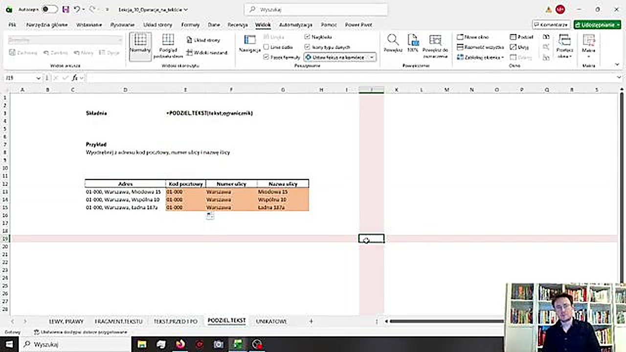 Funkcja PODZIEL.TEKST w Excelu 365 - rozbijanie adresu na części