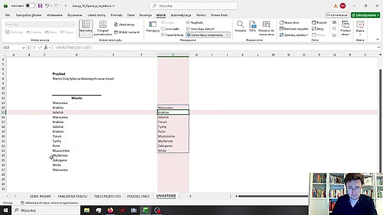 Funkcja UNIKATOWE w Excelu 365 - lista miast bez duplikatów