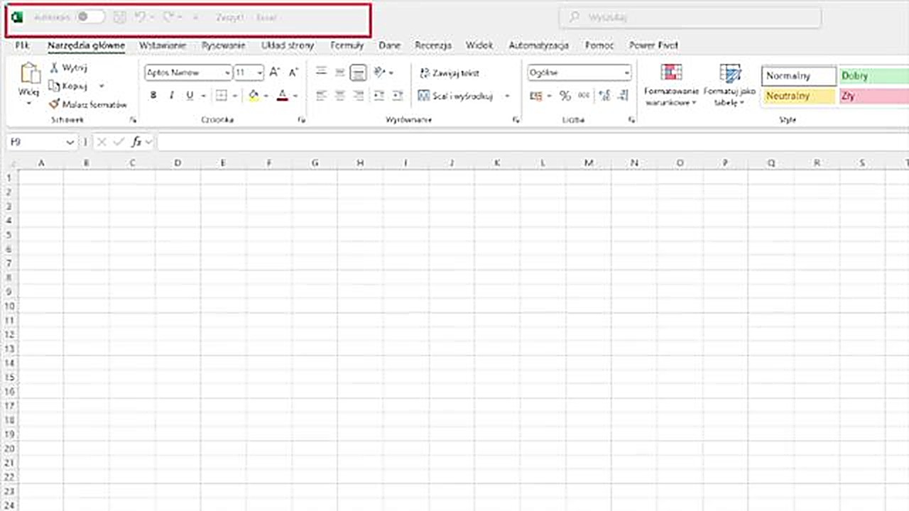 Interfejs programu Excel - pasek tytułu, wstążka, karty, pasek formuły i siatka komórek