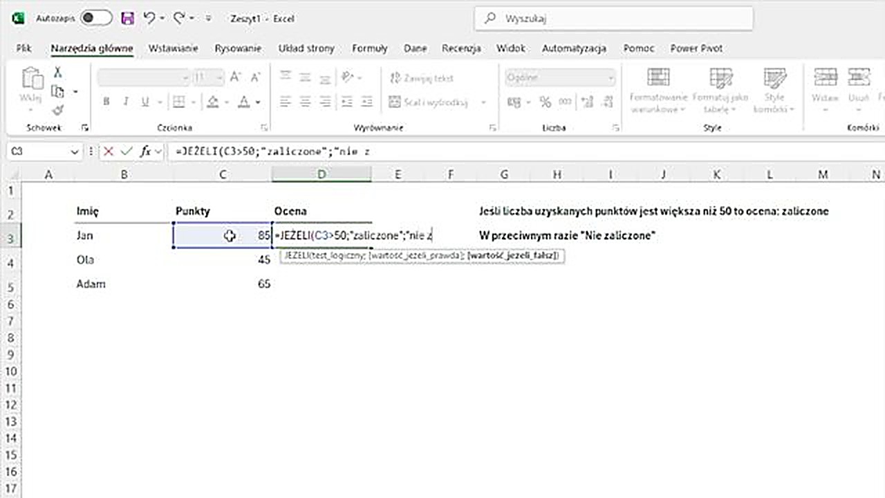 Funkcja JEŻELI w Excelu - arkusz ocen z warunkiem punktów większych niż 50