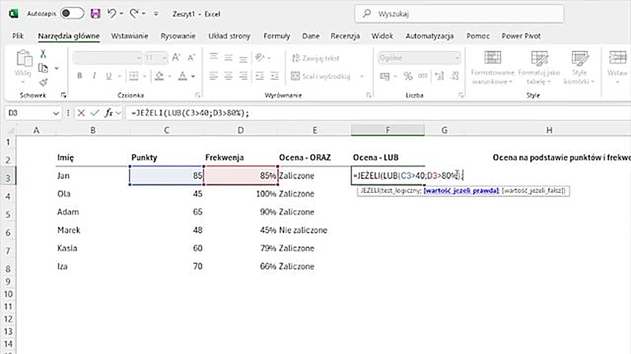 Funkcja JEŻELI z LUB w Excelu - wystarczy jeden warunek