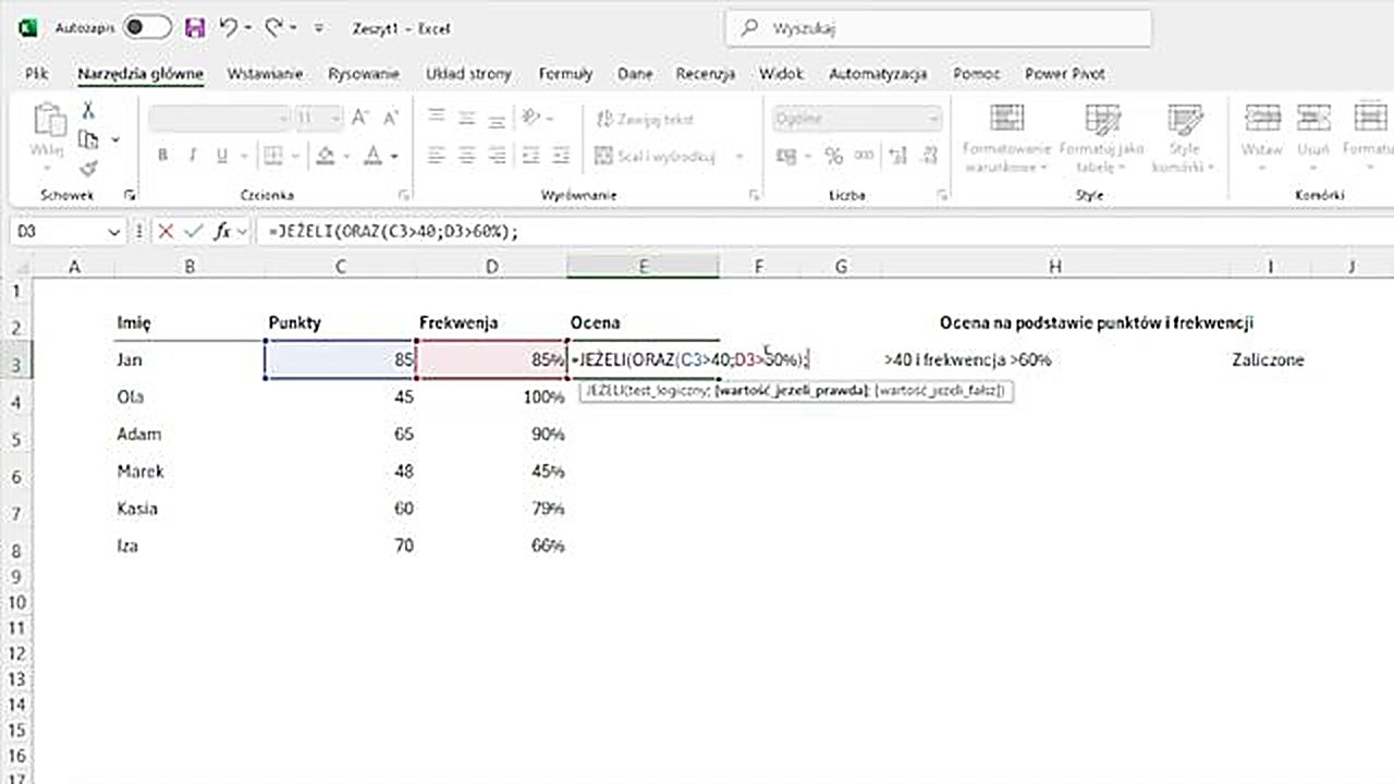 Funkcja JEŻELI z ORAZ w Excelu - dwa warunki punkty i frekwencja