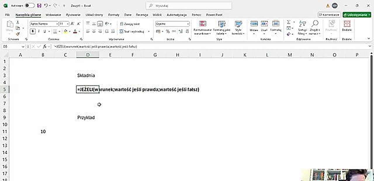 Składnia funkcji JEŻELI w Excelu - warunek, wartość prawda, wartość fałsz