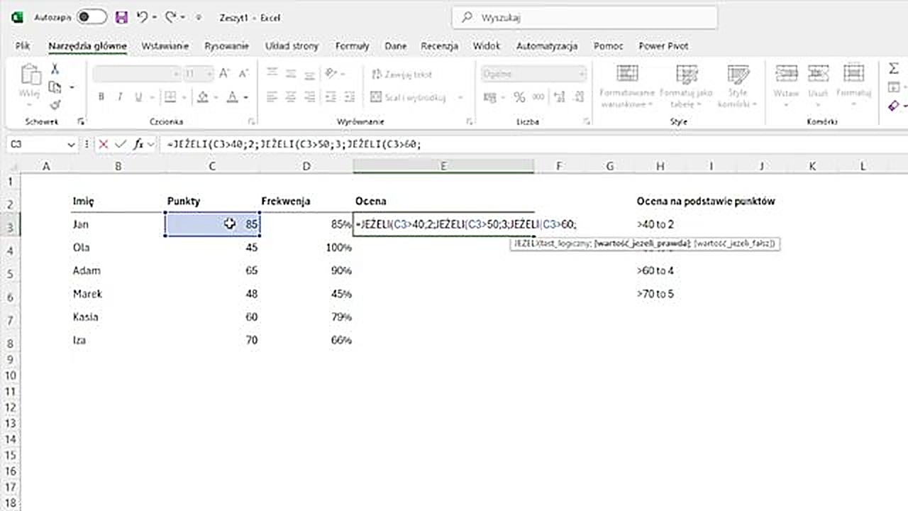 Zagnieżdżone funkcje JEŻELI w Excelu - progi ocen od 2 do 5