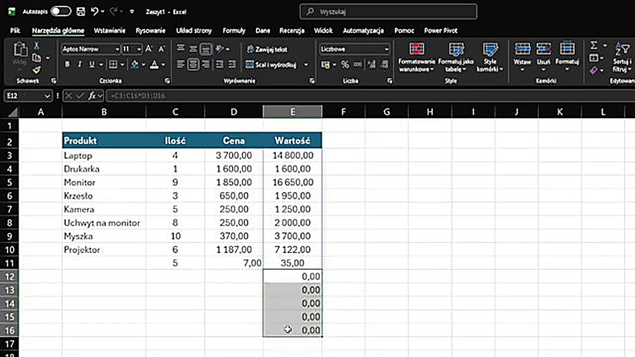 Problem z zerami w Excelu - formuła przeciągnięta na puste wiersze