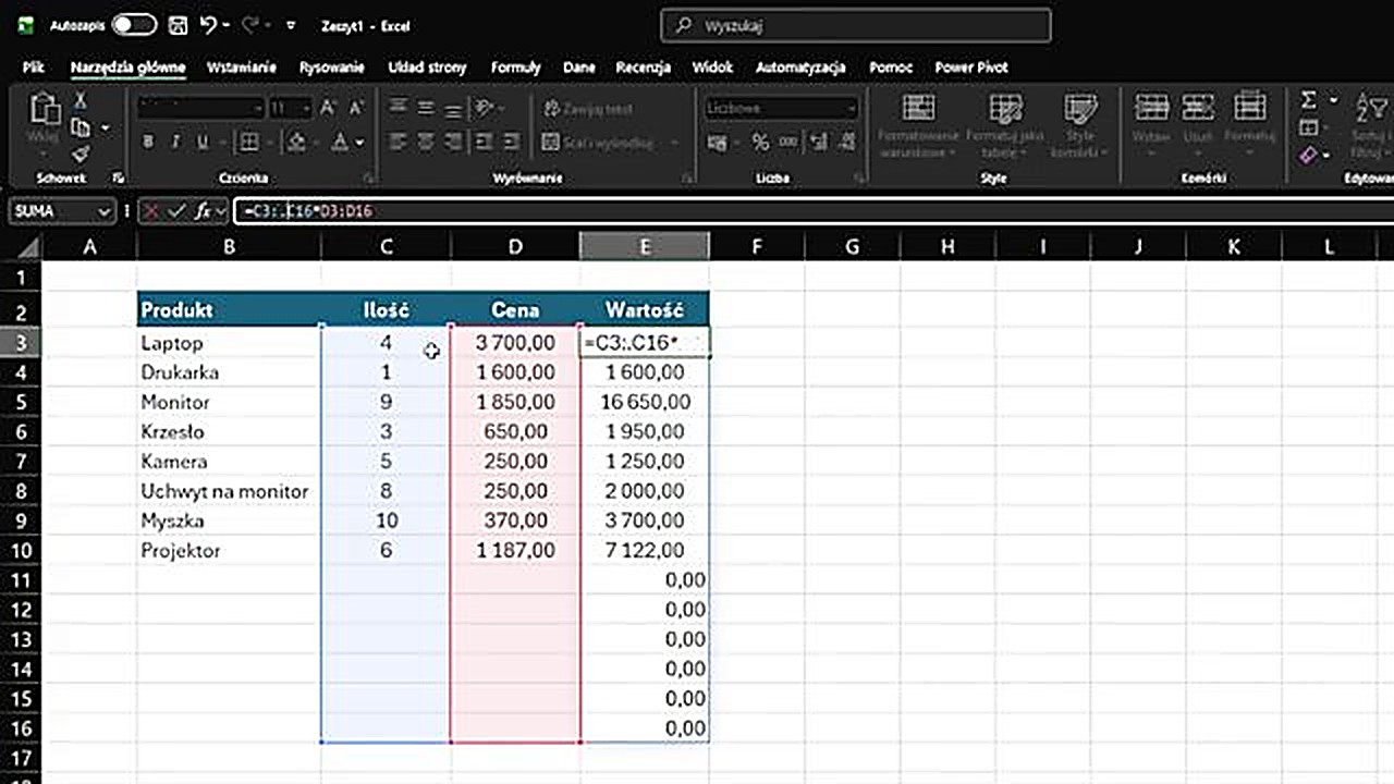 Operator kropki w Excelu 365 - formuła z kropką po dwukropku