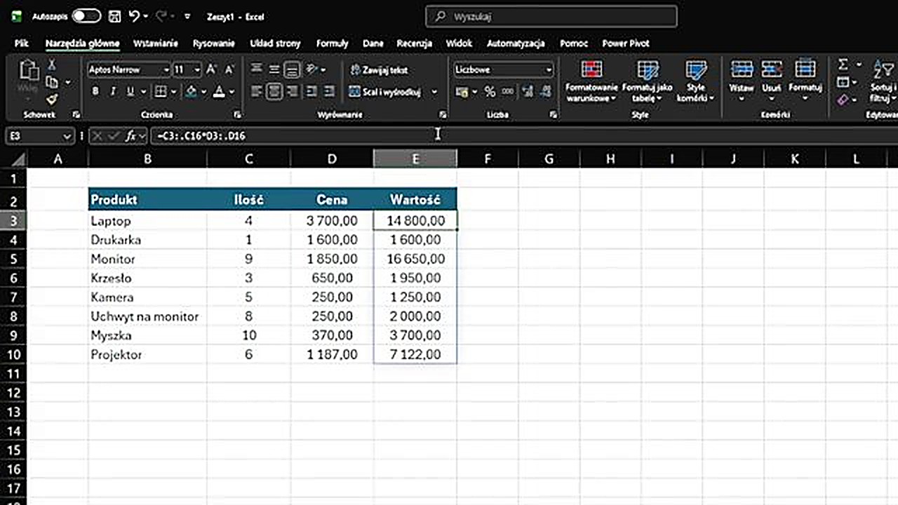 Wynik formuły z operatorem kropki - brak zer w pustych wierszach