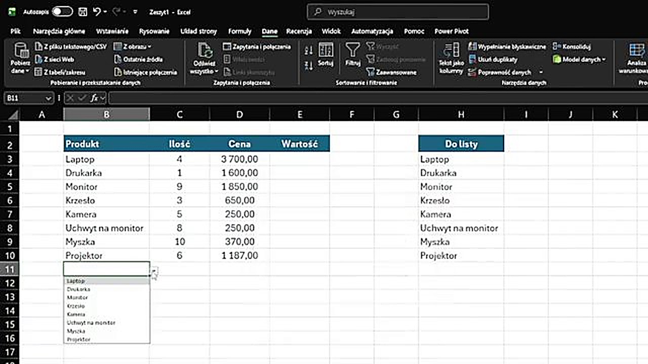 Lista rozwijana z operatorem kropki - bez pustego pola