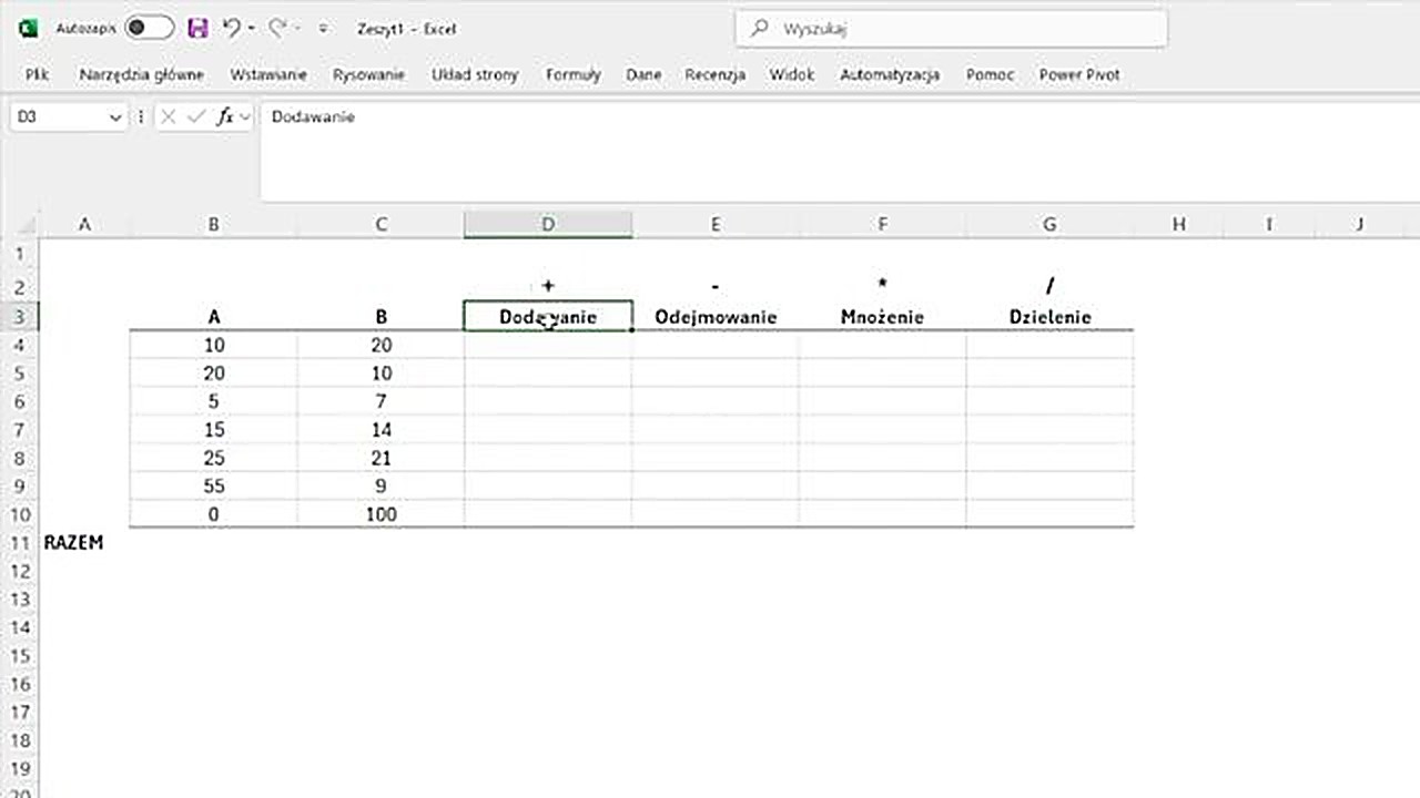 Tabela z czterema działaniami matematycznymi w Excelu - dodawanie, odejmowanie, mnożenie, dzielenie