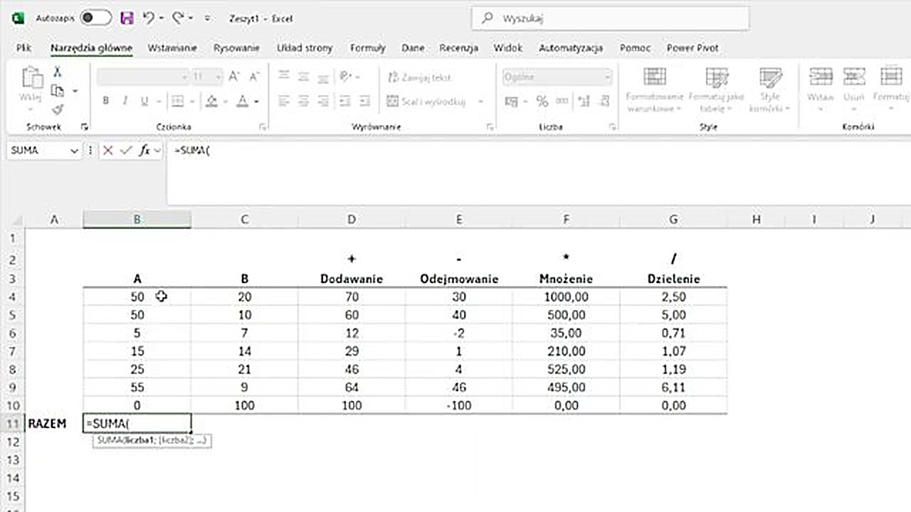 Formuła SUMA w Excelu - wpisywanie i zaznaczanie zakresu komórek