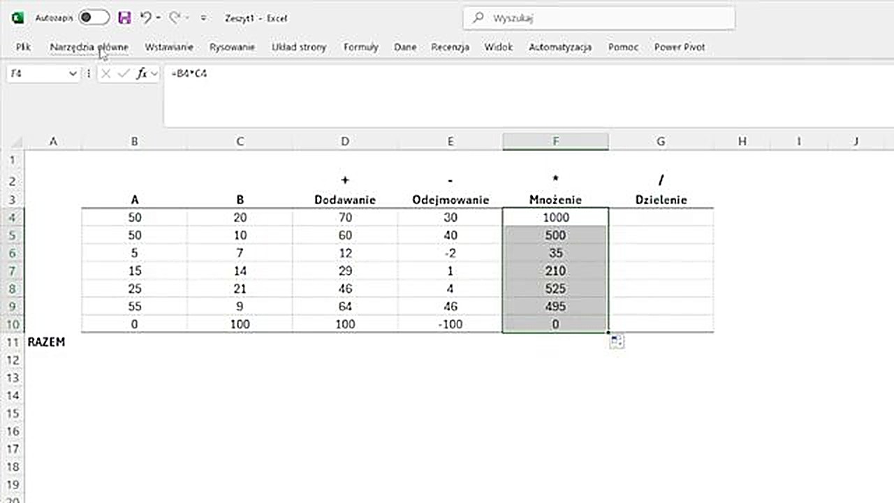 Mnożenie i dzielenie w Excelu - wyniki przeciągnięte formułą na całą kolumnę