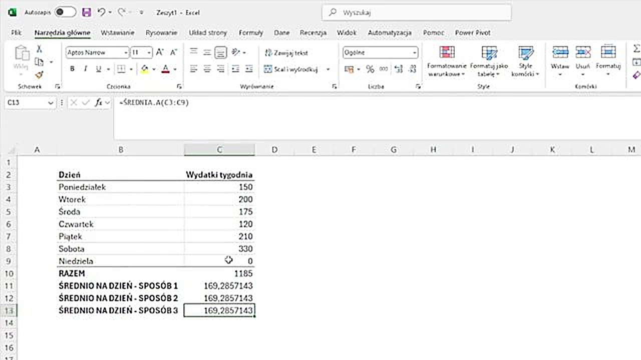 Trzy sposoby obliczania średniej w Excelu - ręcznie, ŚREDNIA i ŚREDNIA.A