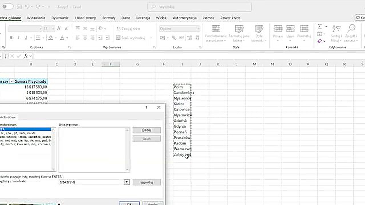 Okno dialogowe list niestandardowych w Excelu - import listy