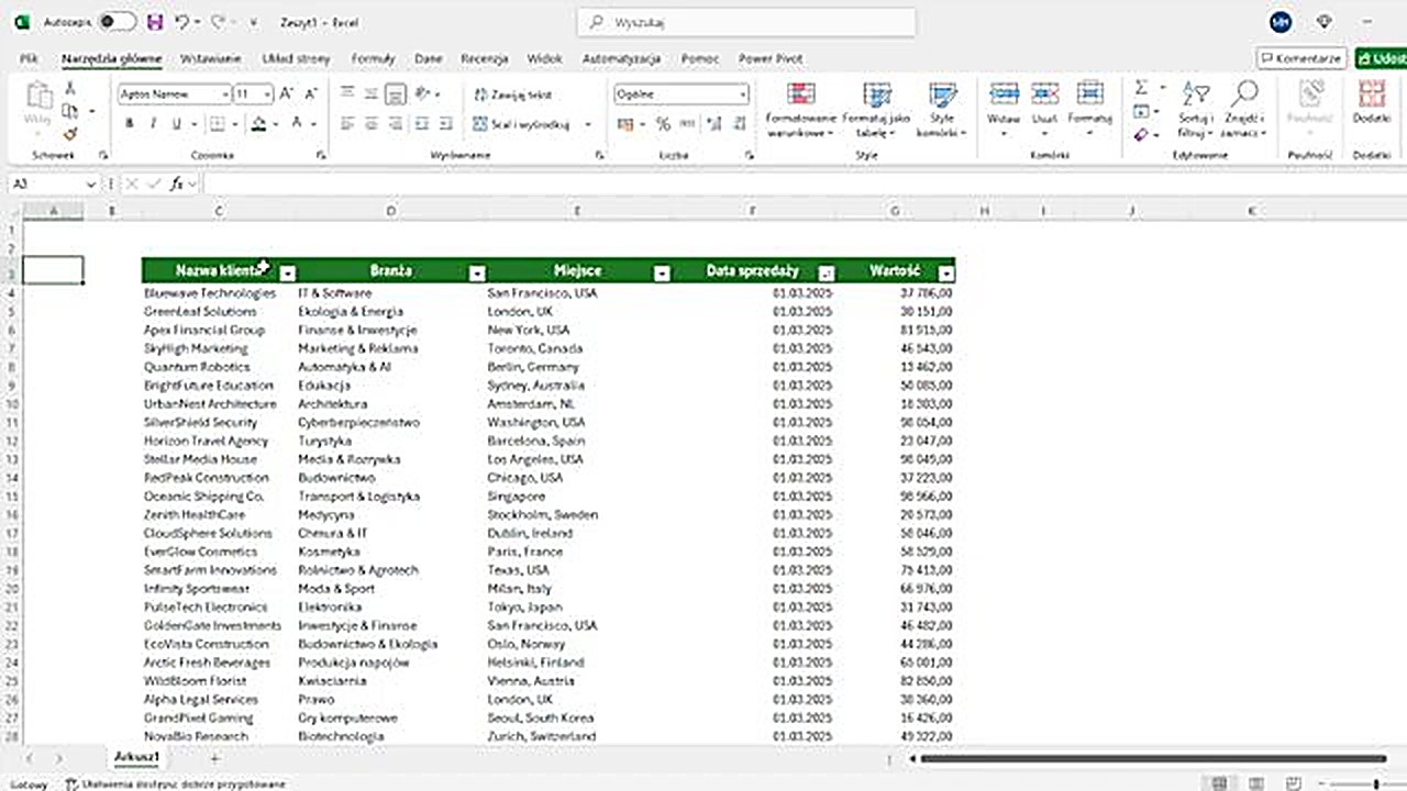 Baza danych sprzedaży w Excelu