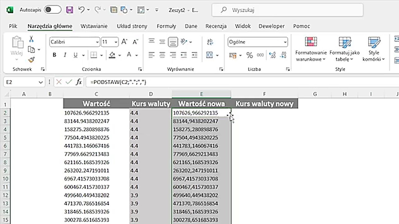 Wynik formuły PODSTAW - kropki zamienione na przecinki