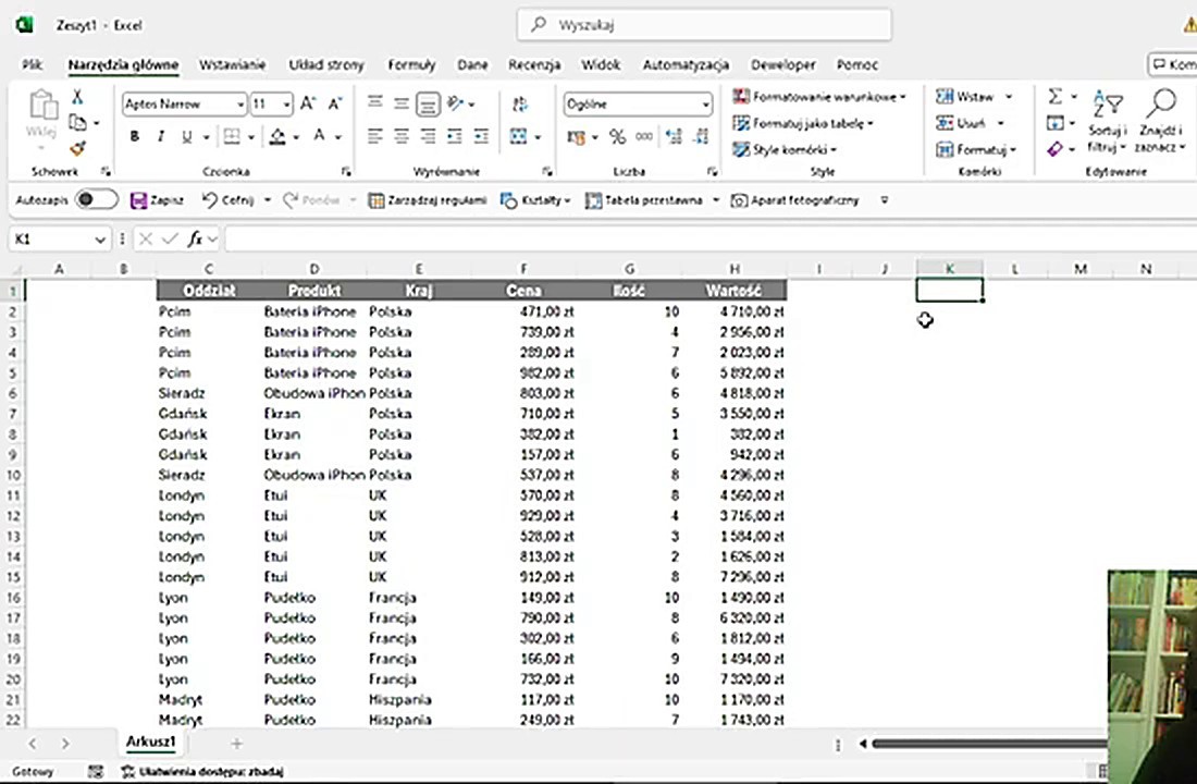 Dane źródłowe - tabela produkcji w Excelu