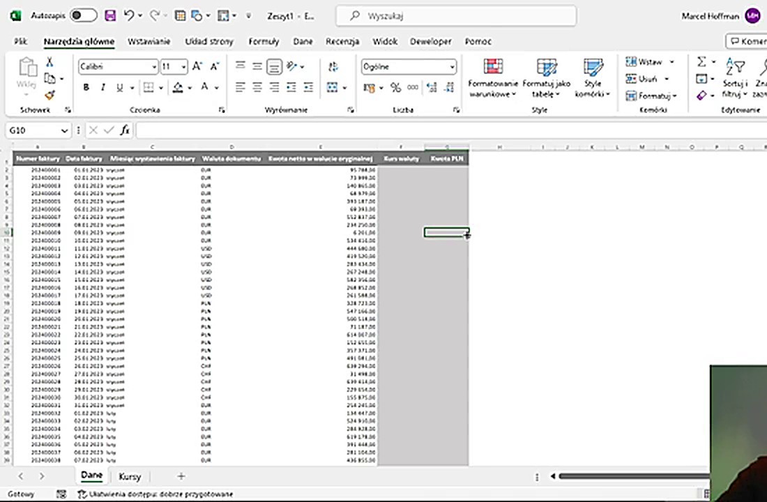 Zestawienie faktur z walutami w Excelu