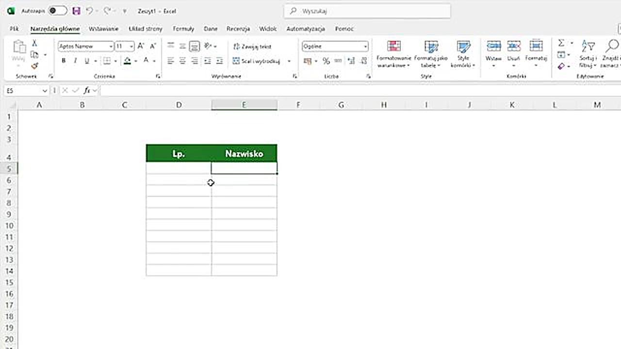 Pusta tabela z kolumnami Lp i Nazwisko w Excelu
