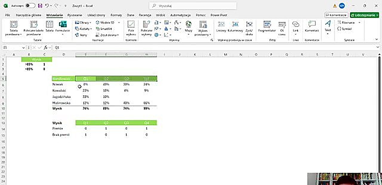 Tabela Excel z wynikami sprzedaży i formułą JEŻELI na bonus