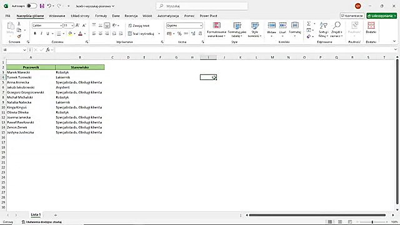 Tabela z listą pracowników w Excelu