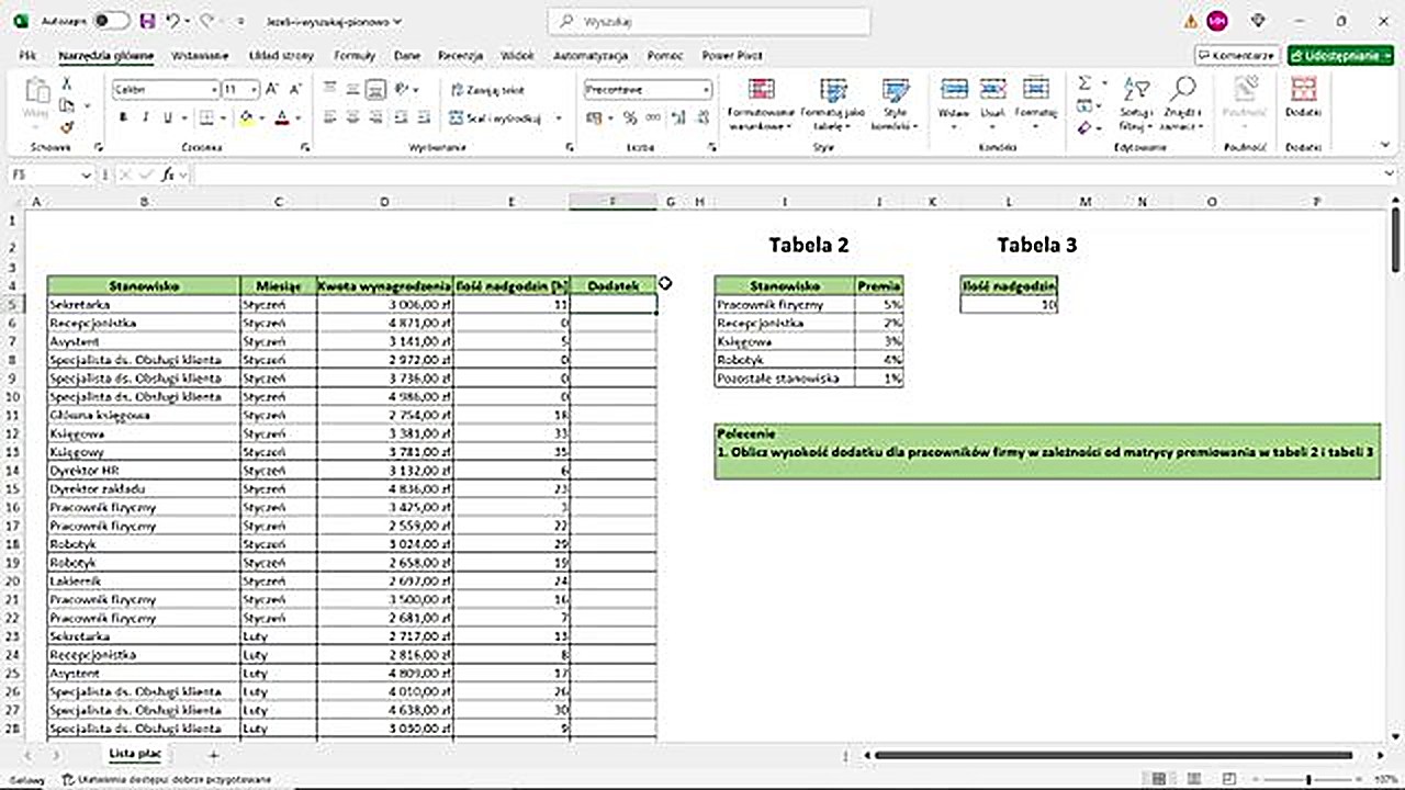 Zadanie Excel - tabela pracowników i tabela premii