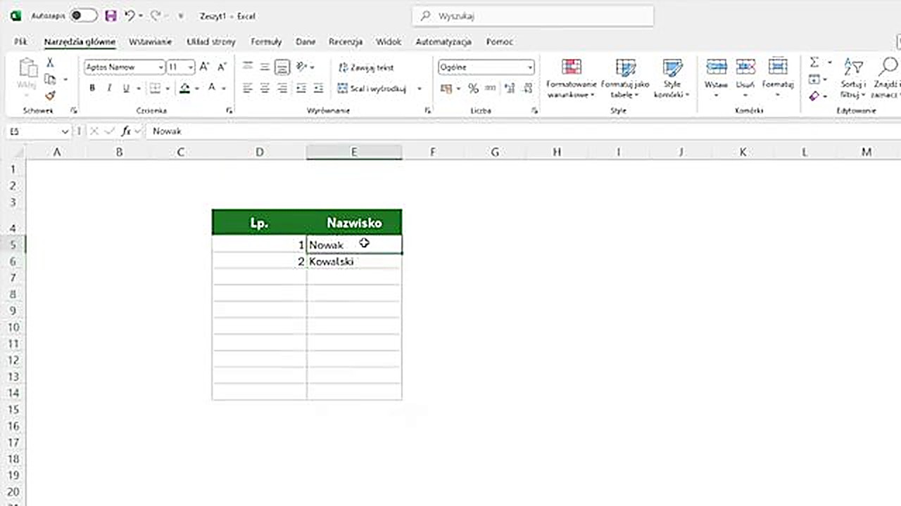 Formuła JEŻELI z ILE.WIERSZY do automatycznego numerowania