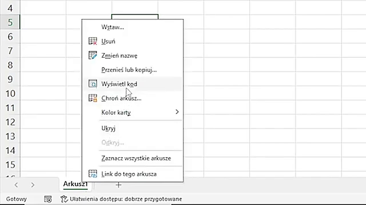 Edytor VBA w Excelu - otwieranie kodu arkusza