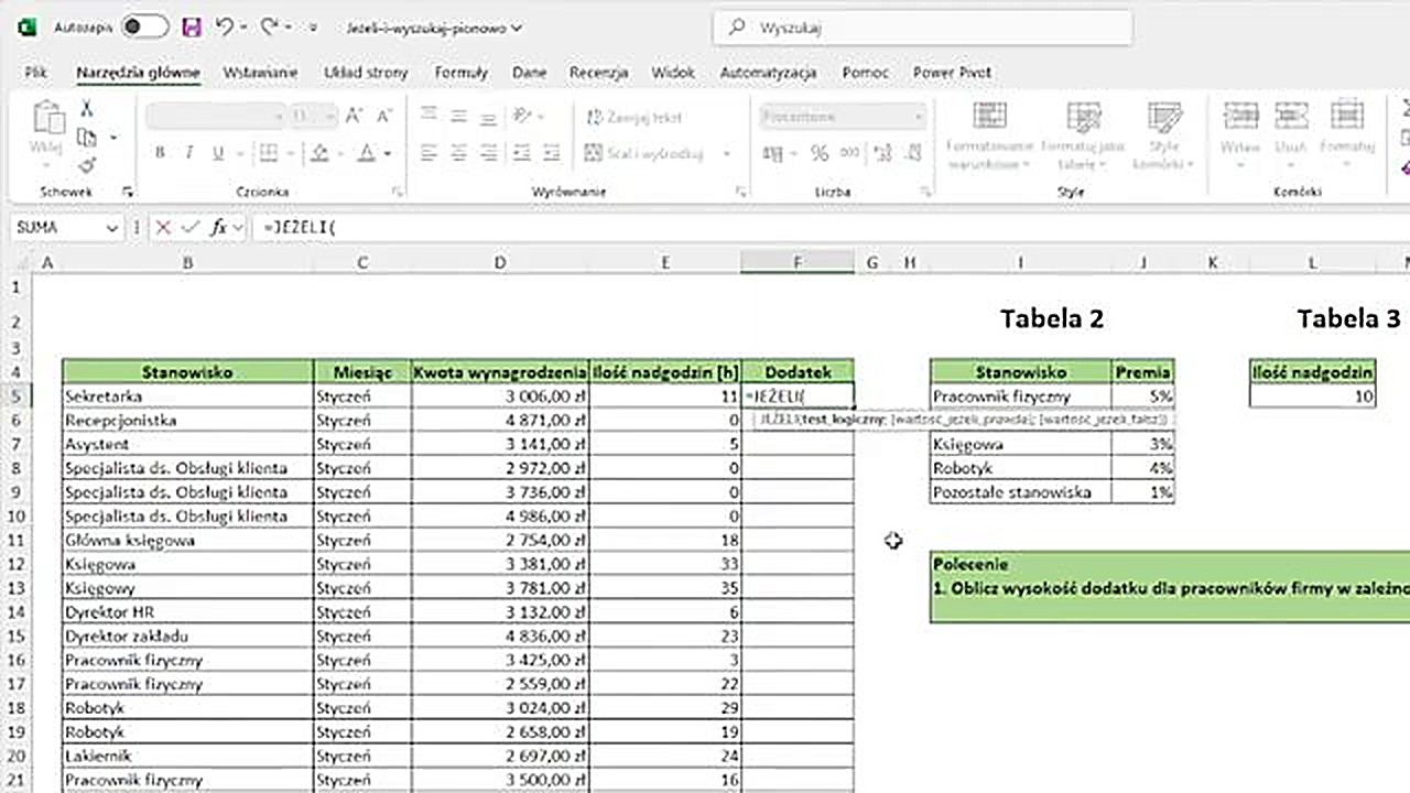 Początek formuły JEŻELI w Excelu