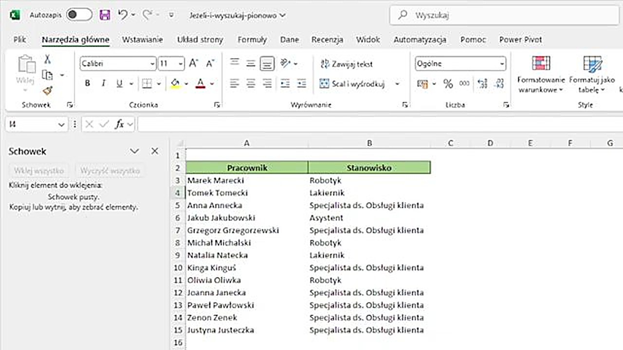 Panel Schowka w Excelu - otwarty z boku