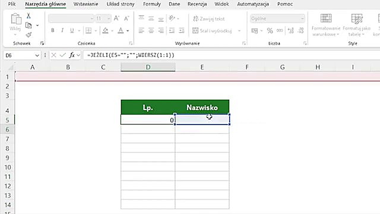 Automatyczne numerowanie wierszy w Excelu - efekt działania formuły