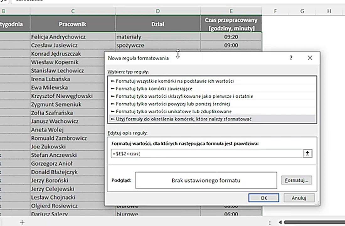 Formuła formatowania warunkowego z funkcją CZAS